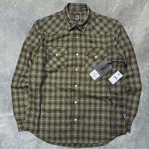 PRPS Men’s Large Flannel Shirt Snap Button Wool Blend Western Olive Plaid NWT